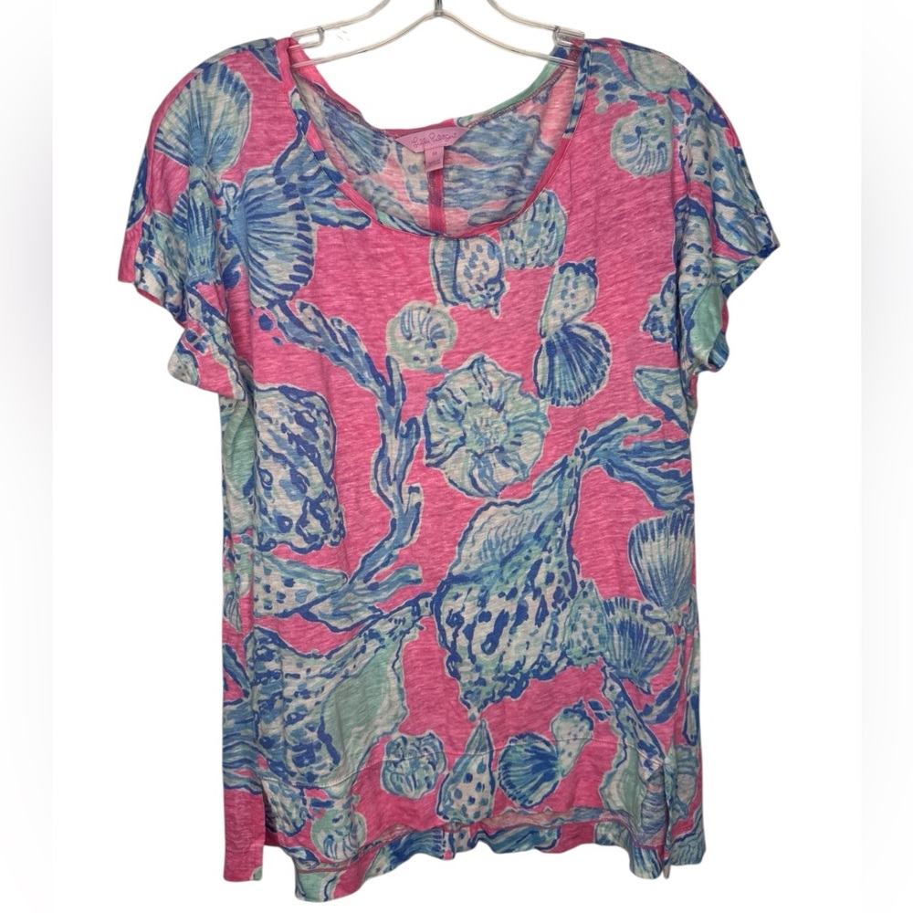 Lilly Pulitzer Pink Blue Mikela Top Linen Barefoot Princess 20975 - Medium